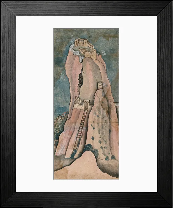 Framed Print : Men climbing a large cliff to reach the fortress on top, (between 1800 and 1899?). Creator: Unknown Framed Print : Men climbing a large cliff to reach the fortress on top, (between 1800 and 1899?). Creator: Unknown