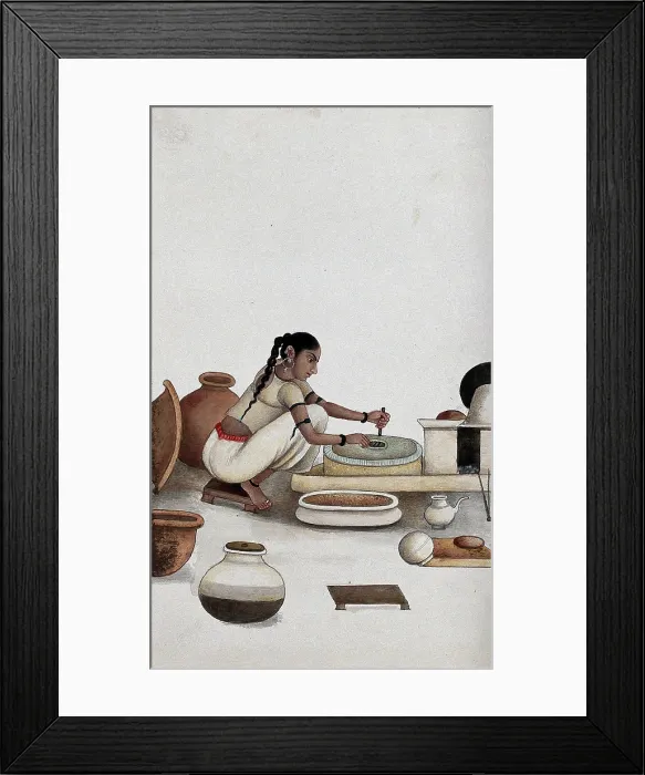 Framed Print : Delhi: a woman grinding grain into flour, (between 1800 and 1899?). Creator: Unknown Framed Print : Delhi: a woman grinding grain into flour, (between 1800 and 1899?). Creator: Unknown