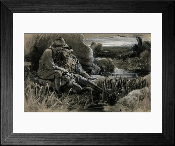 Framed Print : Boer War: wounded soldiers awaiting for medical help in the cold and damp, 1899. Creator: Lance Calkin Framed Print : Boer War: wounded soldiers awaiting for medical help in the cold and damp, 1899. Creator: Lance Calkin