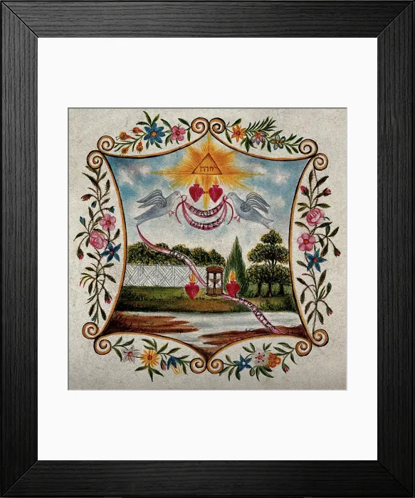 Framed Print : Two Sacred Hearts in a landscape, united by two doves, separated by an hour glass. Creator: Unknown Framed Print : Two Sacred Hearts in a landscape, united by two doves, separated by an hour glass. Creator: Unknown