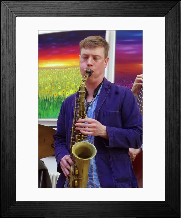 Framed Print : Sam Braysher, Sam Braysher Quartet, Clocktower Cafe Jazz Club, Croydon, London, March 2025. Creator: Brian O'Connor. Sam Braysher, Sam Braysher Quartet, Clocktower Cafe Jazz Club, Croydon, London, March 2025. Creator: Brian O'Connor