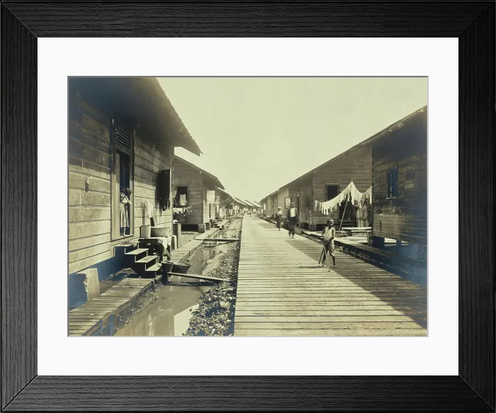 Framed Print : Panama Canal workers (West Indian and Panaman) quarters: exterior view of wooden huts... c1910 Framed Print : Panama Canal workers (West Indian and Panaman) quarters: exterior view of wooden huts... c1910