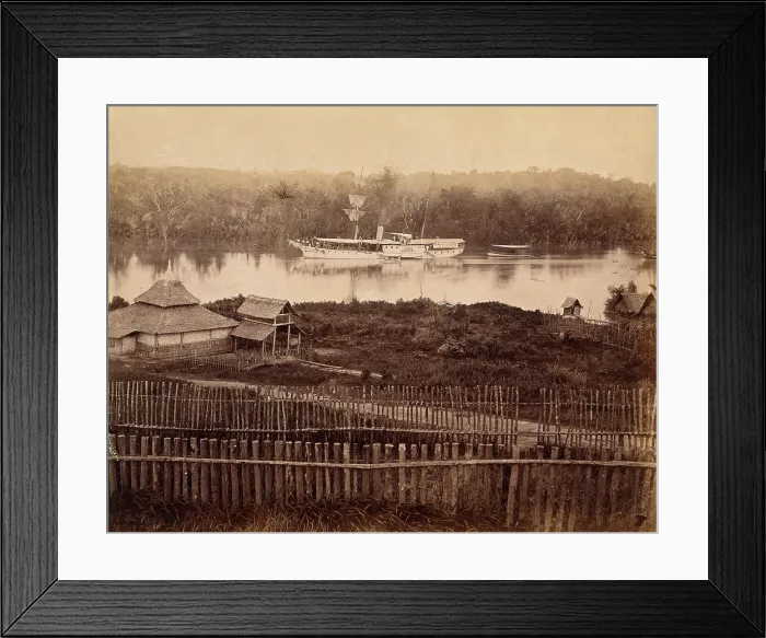 Framed Print : Malaya: steam yacht of the governor of the Straits Settlement on a Malaysian river, 1880. Creator: John Edmund Taylor Framed Print : Malaya: steam yacht of the governor of the Straits Settlement on a Malaysian river, 1880. Creator: John Edmund Taylor