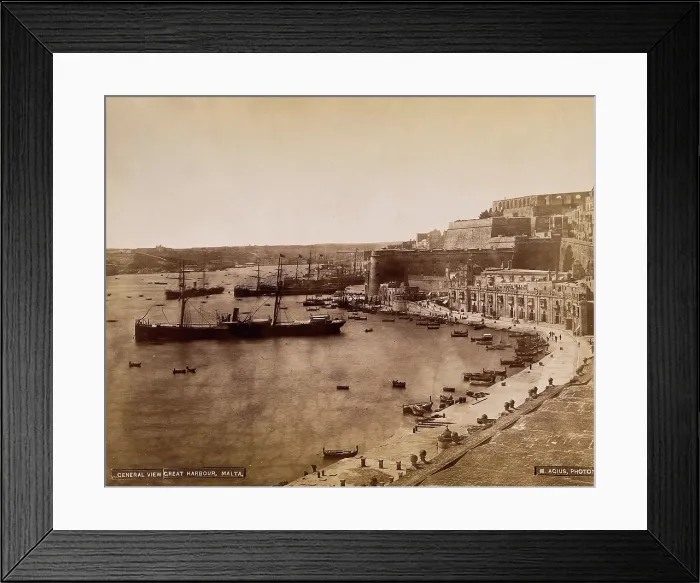 Framed Print : Malta: view of Grand Harbour and buildings along Barriera wharf towards Fort Lascaris and... c1881. Creator: Horatio Agius Framed Print : Malta: view of Grand Harbour and buildings along Barriera wharf towards Fort Lascaris and... c1881. Creator: Horatio Agius