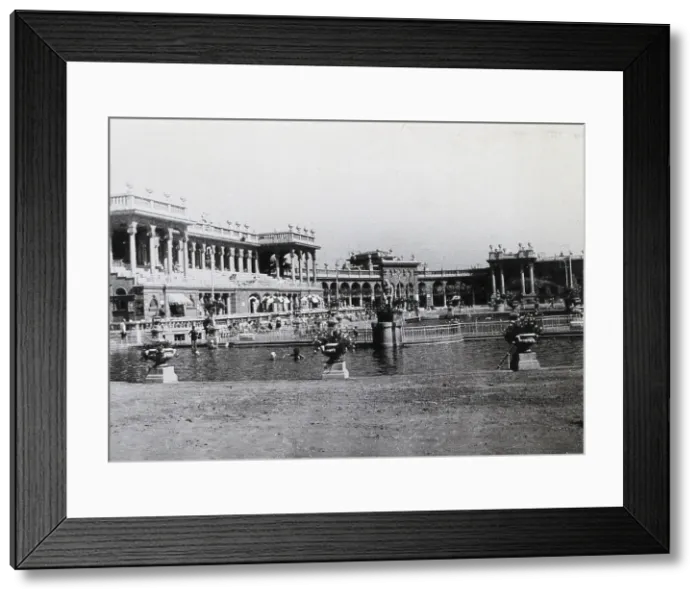 Framed Print : Open air baths in Budapest; two large pools separated by railings, .... c1900s. Creator: Unknown Framed Print : Open air baths in Budapest; two large pools separated by railings, .... c1900s. Creator: Unknown