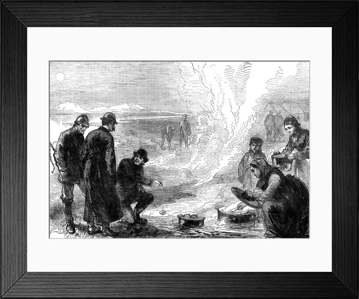 Framed Print : The Tourist in Iceland: on the road to the geysirs - boiling eggs in the hot springs, 1881. Creator: Unknown