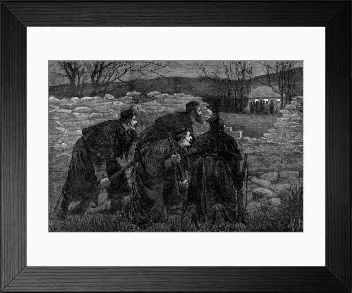 Framed Print : The State of Ireland: 'Captain Moonlight' surprised by a police patrol, 1881. Creator: Unknown Framed Print : The State of Ireland: 'Captain Moonlight' surprised by a police patrol, 1881. Creator: Unknown