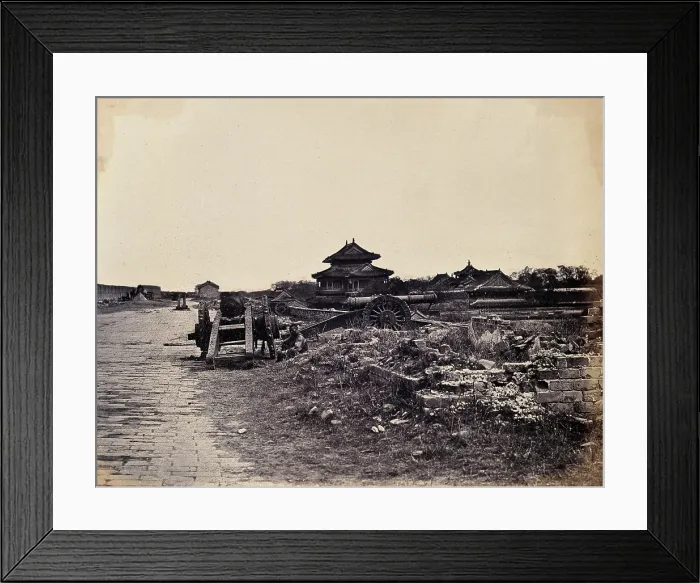 Framed Print : Beijing, China: Chinese army guns on the city wall, after capture by the English... 1860. Creator: Felice Beato Framed Print : Beijing, China: Chinese army guns on the city wall, after capture by the English... 1860. Creator: Felice Beato