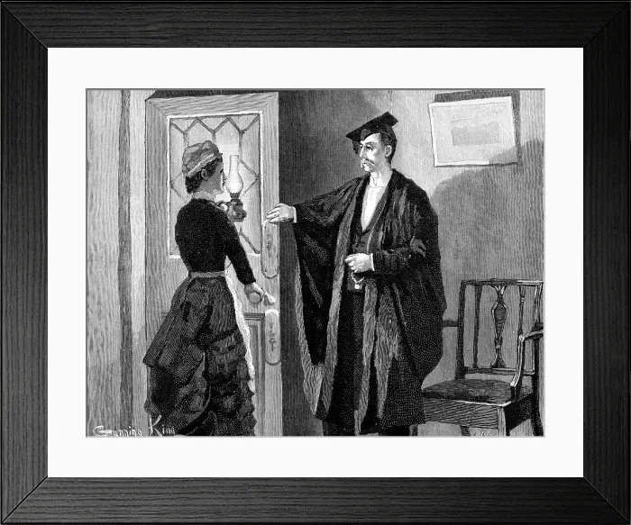 Framed Print : 'You must be mad, Mr. Perry, to come here at such an hour as this, ' she exclaimed indignantly, 1883. Creator: R. Taylor Framed Print : 'You must be mad, Mr. Perry, to come here at such an hour as this, ' she exclaimed indignantly, 1883. Creator: R. Taylor