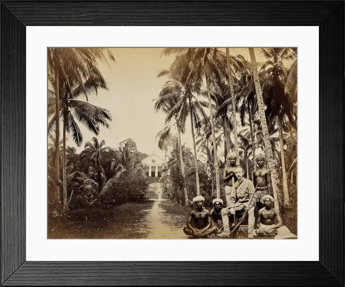 Framed Print : Singapore: a western hunter and native Malays with a background view of the Roman Catholic... 1880. Creator: John Edmund Taylor Framed Print : Singapore: a western hunter and native Malays with a background view of the Roman Catholic... 1880. Creator: John Edmund Taylor