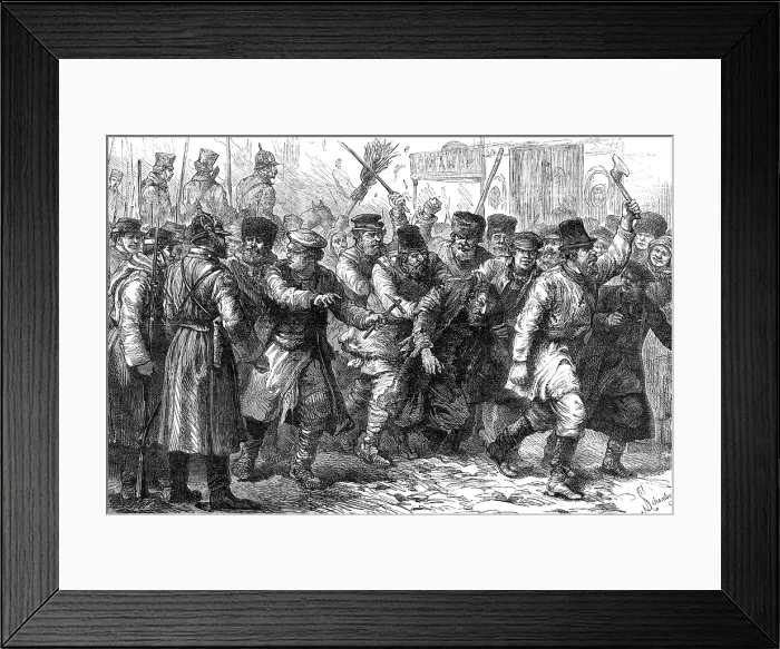 Framed Print : Ill-treatment of the Jews in Russia: assault on a Jew in the presence of the military at Kiev, 1881. Creator: Schombeer Framed Print : Ill-treatment of the Jews in Russia: assault on a Jew in the presence of the military at Kiev, 1881. Creator: Schombeer