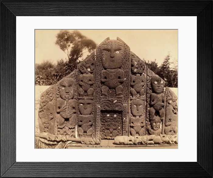 Framed Print : New Zealand: the carved front of a Maori meeting house, between 1800 and 1899. Creator: Unknown Framed Print : New Zealand: the carved front of a Maori meeting house, between 1800 and 1899. Creator: Unknown