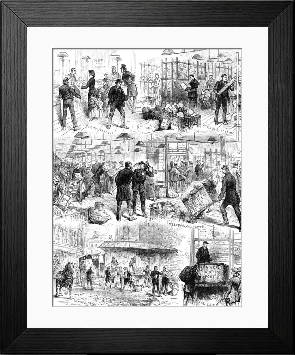 Framed Print : The Parcels Post - First Day: Sketches at the General Post Office, 1883. Creator: Unknown Framed Print : The Parcels Post - First Day: Sketches at the General Post Office, 1883. Creator: Unknown
