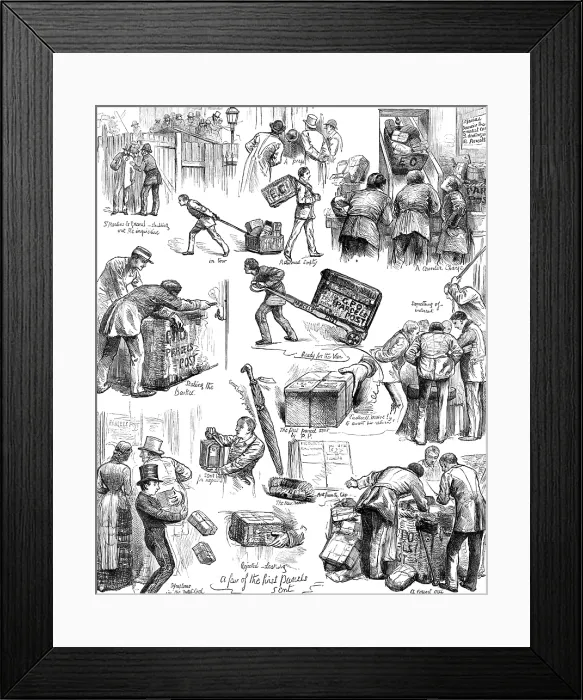 Framed Print : The Parcels Post: Sketches on the First Day, 1883. Creator: Unknown Framed Print : The Parcels Post: Sketches on the First Day, 1883. Creator: Unknown