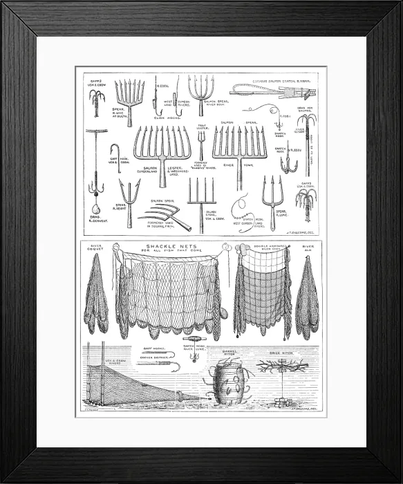 Framed Print : The International Fisheries Exhibition: salmon-poaching implements: Mr. Ffennell's Collection, 1883 Framed Print : The International Fisheries Exhibition: salmon-poaching implements: Mr. Ffennell's Collection, 1883