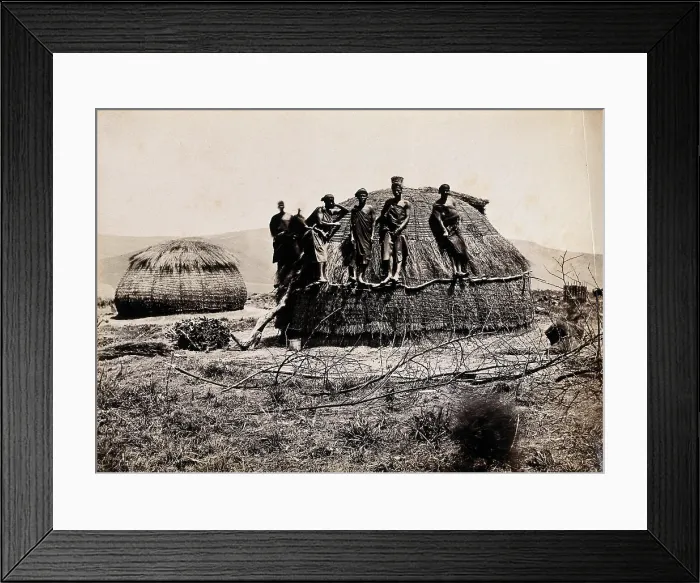 Framed Print : Africa: a group of African people standing on a kraal hut, between 1800 and 1899. Creator: Unknown Framed Print : Africa: a group of African people standing on a kraal hut, between 1800 and 1899. Creator: Unknown