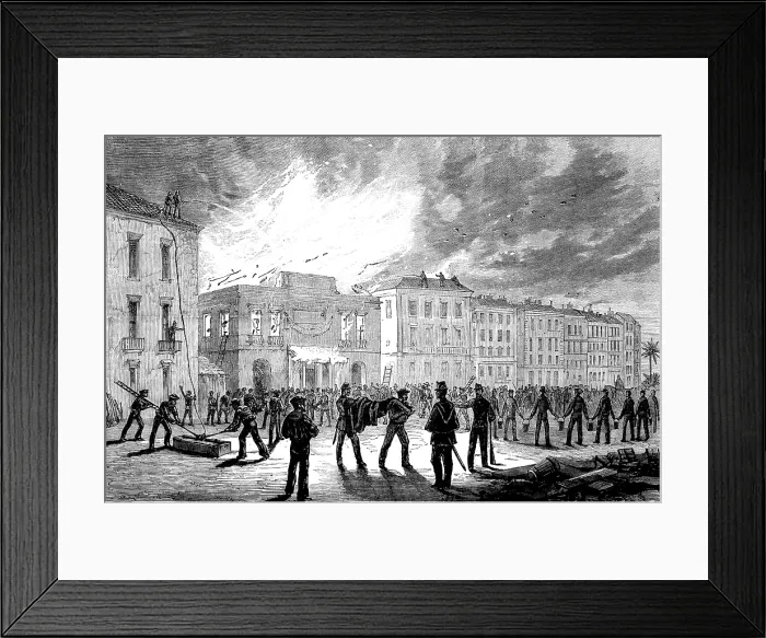 Framed Print : Burning of the Municipal Theatre at Nice: the fire viewed from the Rue St. Francis de Paul, 1881. Creator: Unknown Framed Print : Burning of the Municipal Theatre at Nice: the fire viewed from the Rue St. Francis de Paul, 1881. Creator: Unknown