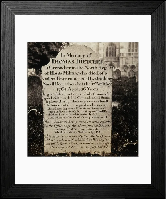 Framed Print : Winchester: tombstone of Thomas Thetcher, who 'died of a violent fever contracted by... 1800-1899. Creator: Unknown Framed Print : Winchester: tombstone of Thomas Thetcher, who 'died of a violent fever contracted by... 1800-1899. Creator: Unknown