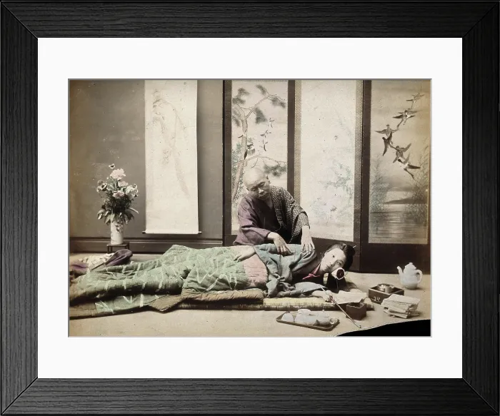 Framed Print : A Japanese woman being massaged by a blind Japanese masseur, c1890s. Creator: Unknown Framed Print : A Japanese woman being massaged by a blind Japanese masseur, c1890s. Creator: Unknown