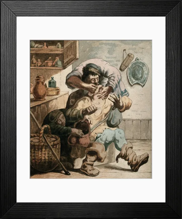 Framed Print : A tooth-drawer extracting a tooth from a seated patient while a woman steals from his bag, c1610s. Creator: Unknown Framed Print : A tooth-drawer extracting a tooth from a seated patient while a woman steals from his bag, c1610s. Creator: Unknown