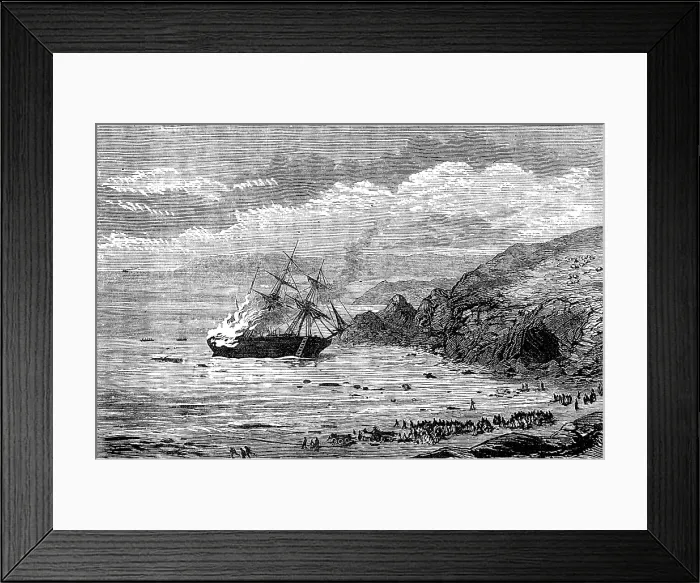 Framed Print : Wreck and burning of a barque in Mount's Bay, Cornwall, 1881. Creator: Unknown. Wreck and burning of a barque in Mount's Bay, Cornwall, 1881. Creator: Unknown Framed Print : Wreck and burning of a barque in Mount's Bay, Cornwall, 1881. Creator: Unknown. Wreck and burning of a barque in Mount's Bay, Cornwall, 1881. Creator: Unknown