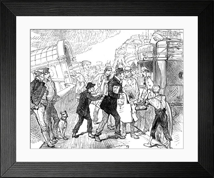 Framed Print : Departure of a Cunard steamer from Liverpool: passengers arriving at the landing-stage, 1881. Creator: Unknown Framed Print : Departure of a Cunard steamer from Liverpool: passengers arriving at the landing-stage, 1881. Creator: Unknown