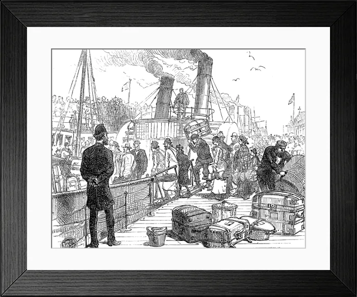 Framed Print : Departure of a Cunard steamer from Liverpool: going on board the tender, 1881. Creator: Unknown Framed Print : Departure of a Cunard steamer from Liverpool: going on board the tender, 1881. Creator: Unknown