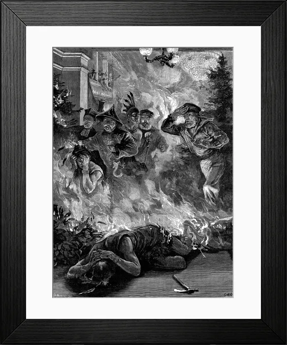 Framed Print : Fatal disaster at the art-students masquerade in Munich, 1881. Creator: W. I. Mosses. Fatal disaster at the art-students masquerade in Munich, 1881. Creator: W. I. Mosses