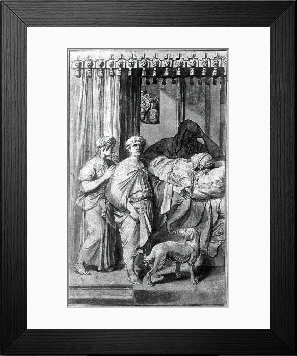 Framed Print : A sick, dying or dead woman lying on a bed in the presence of three figures, c1700. Creator: Gerard Hoet Framed Print : A sick, dying or dead woman lying on a bed in the presence of three figures, c1700. Creator: Gerard Hoet