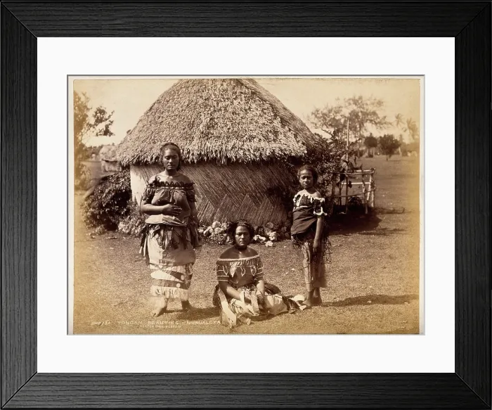 Framed Print : Nuku'alofa, Tonga: three Tongan women in front of a traditional hut, c1870s Framed Print : Nuku'alofa, Tonga: three Tongan women in front of a traditional hut, c1870s