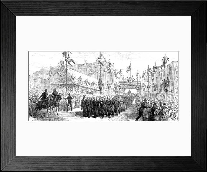 Framed Print : The Royal Visit to Swansea: the march past of volunteers at the Townhall, 1881. Creator: Unknown Framed Print : The Royal Visit to Swansea: the march past of volunteers at the Townhall, 1881. Creator: Unknown