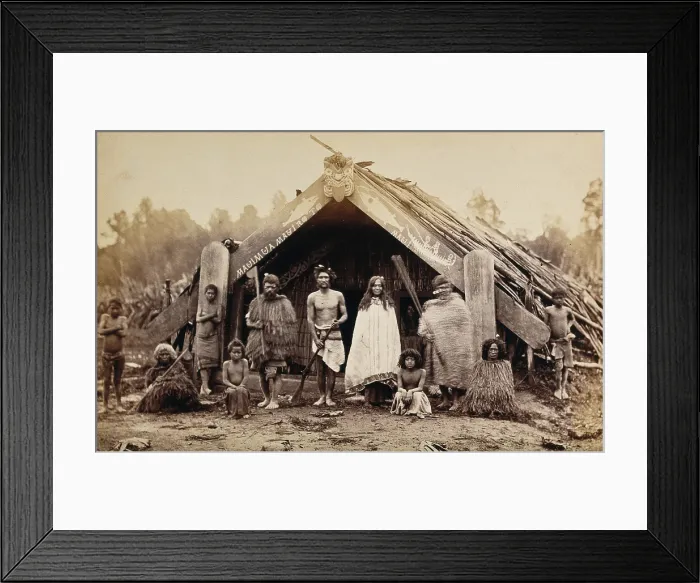 Framed Print : New Zealand: a group of Maori in front of a traditional building, 19th century. Creator: Unknown Framed Print : New Zealand: a group of Maori in front of a traditional building, 19th century. Creator: Unknown