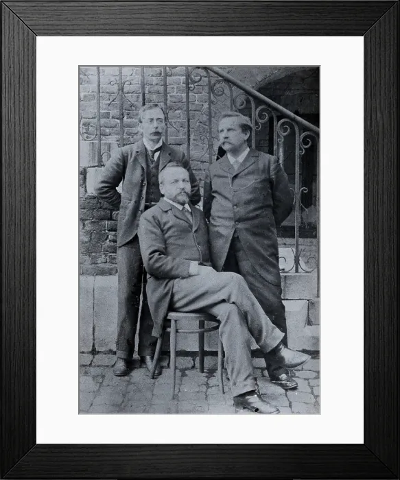 Framed Print : Charles Sherrington (left), Leon Fredericq (seated) and Paul Grutzner (right) outside the...(1940?). Creator: Unknown Framed Print : Charles Sherrington (left), Leon Fredericq (seated) and Paul Grutzner (right) outside the...(1940?). Creator: Unknown