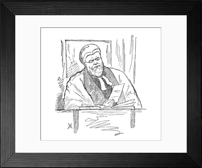 Framed Print : At the Galway Assizes: Baron Dowse reading threatening letter, 1881. Creator: Wallis Mackay Framed Print : At the Galway Assizes: Baron Dowse reading threatening letter, 1881. Creator: Wallis Mackay
