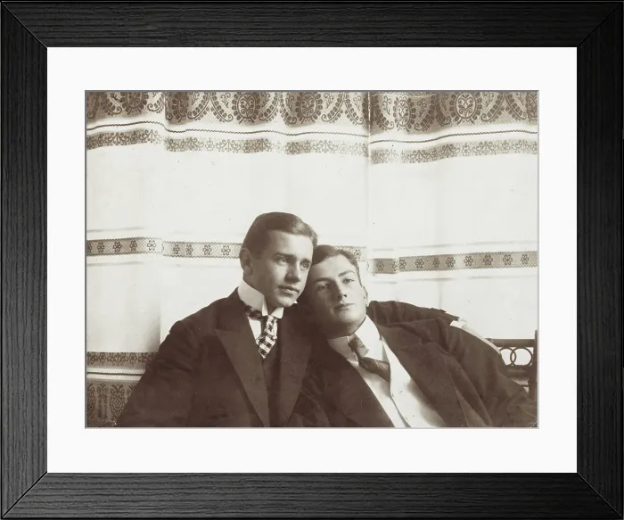 Framed Print : Two men resting close to one another, wearing formal attire, 1910. Creator: Unknown Framed Print : Two men resting close to one another, wearing formal attire, 1910. Creator: Unknown