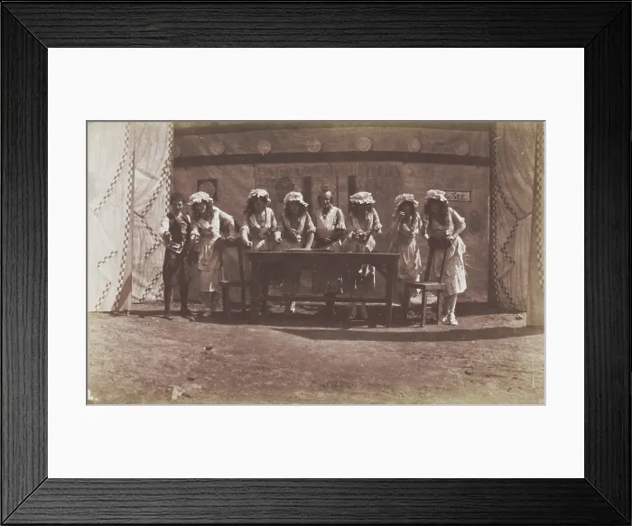 Framed Print : British servicemen in drag acting out a cooking class, 1918. Creator: Unknown Framed Print : British servicemen in drag acting out a cooking class, 1918. Creator: Unknown