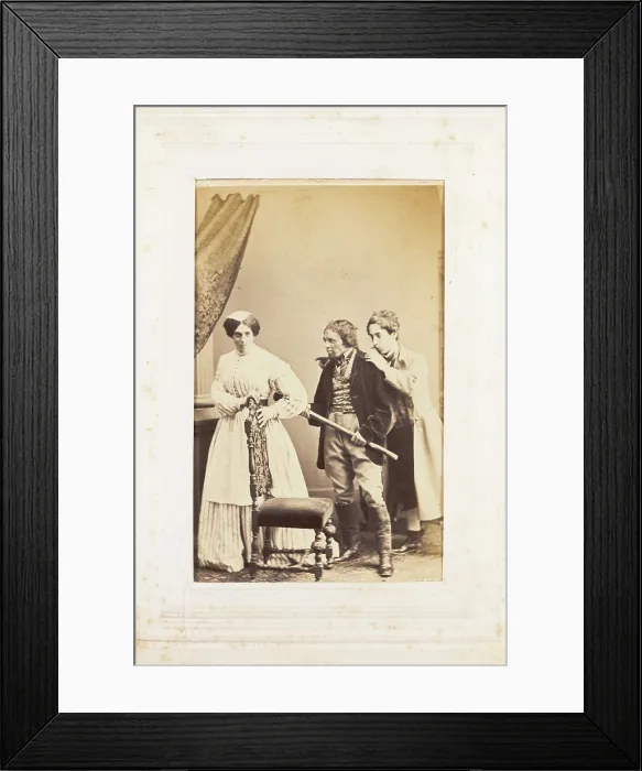 Framed Print : Three men, one in drag, acting out a scene, [between 1890 and 1899?]. Creator: Unknown