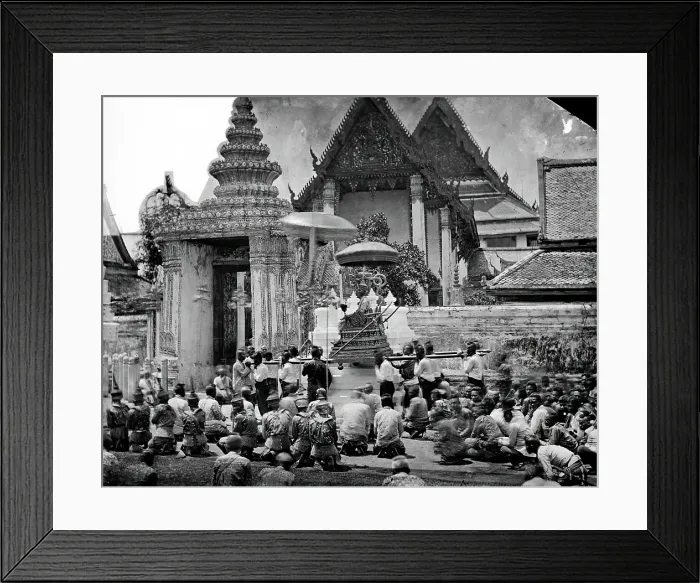 Framed Print : King Mongkut of Siam [Thailand] arriving at the Temple of the Reclining Buddha (Wat Pho)... 1865. Creator: John Thomson