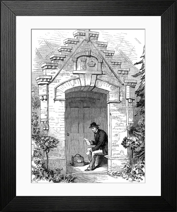 Framed Print : The Porch, Hughenden Lodge: Lord Beaconsfield reading his letters, 1881. Creator: Unknown Framed Print : The Porch, Hughenden Lodge: Lord Beaconsfield reading his letters, 1881. Creator: Unknown