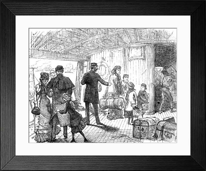 Framed Print : Departure of a Cunard steamer from Liverpool: passengers coming on board, 1881. Creator: Unknown Framed Print : Departure of a Cunard steamer from Liverpool: passengers coming on board, 1881. Creator: Unknown