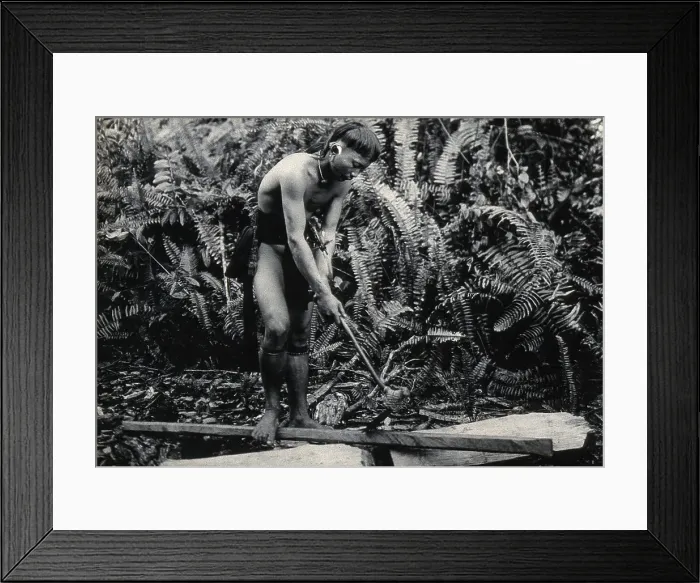 Framed Print : Sarawak: a Kenyah worker cutting a blowpipe from a block of wood, c1900. Creator: Unknown Framed Print : Sarawak: a Kenyah worker cutting a blowpipe from a block of wood, c1900. Creator: Unknown