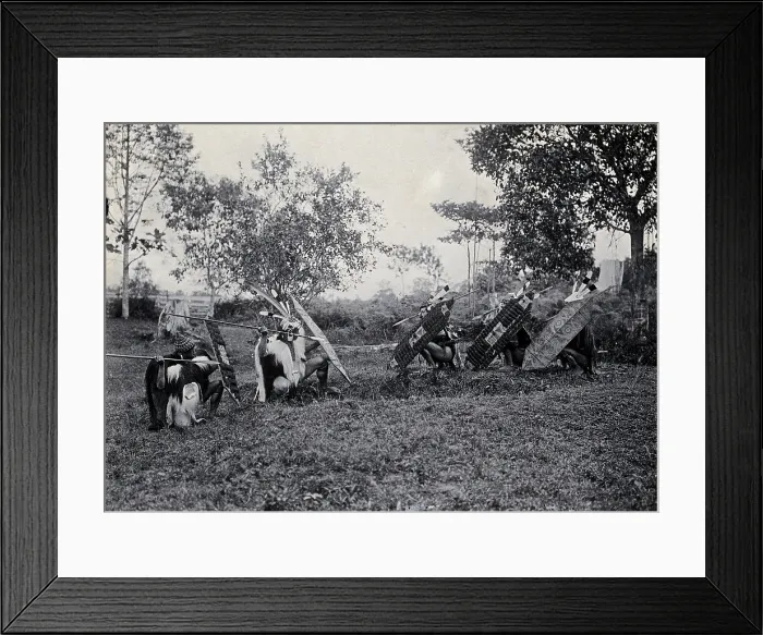 Framed Print : Sarawak: five Kenyah warriors in a warfare ritual, c1900. Creator: Unknown Framed Print : Sarawak: five Kenyah warriors in a warfare ritual, c1900. Creator: Unknown