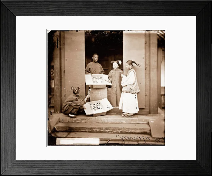 Framed Print : China: Manchu women buying flowers for their headdress, Beijing, 1869. Creator: John Thomson Framed Print : China: Manchu women buying flowers for their headdress, Beijing, 1869. Creator: John Thomson
