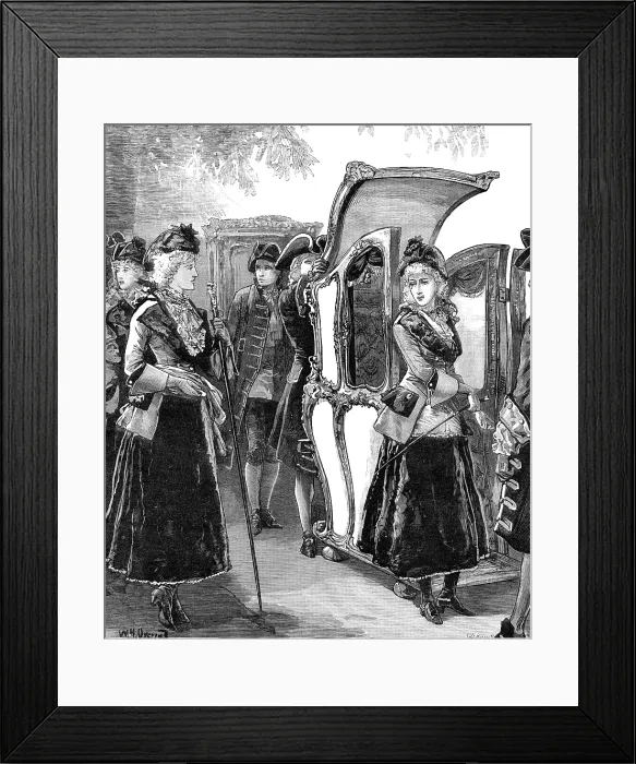 Framed Print : Three ladies of fashion on their way to 'Ye Olde English Fayre, ' at the Albert Hall, 1881. Creator: W. I. Mosses Framed Print : Three ladies of fashion on their way to 'Ye Olde English Fayre, ' at the Albert Hall, 1881. Creator: W. I. Mosses