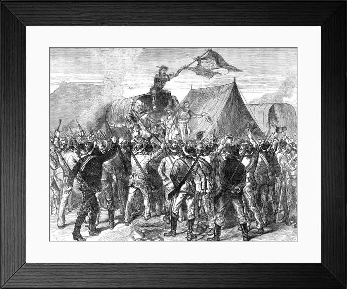 Framed Print : Transvaal War: hoisting the Republican flag in the Boer camp after the declaration of peace, 1881. Creator: C. R Framed Print : Transvaal War: hoisting the Republican flag in the Boer camp after the declaration of peace, 1881. Creator: C. R
