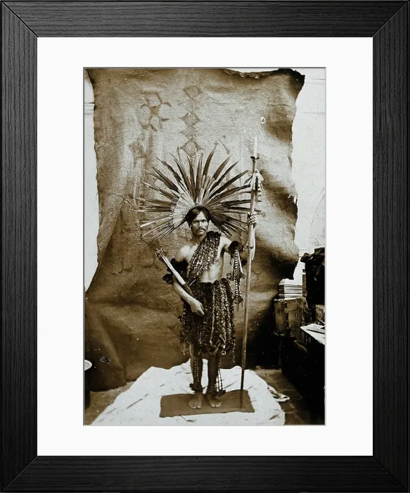 Framed Print : A man of an Amazonian tribe, holding a spear and wearing a feathered head-dress, in a... 1900. Creator: Marc Ferrez Framed Print : A man of an Amazonian tribe, holding a spear and wearing a feathered head-dress, in a... 1900. Creator: Marc Ferrez