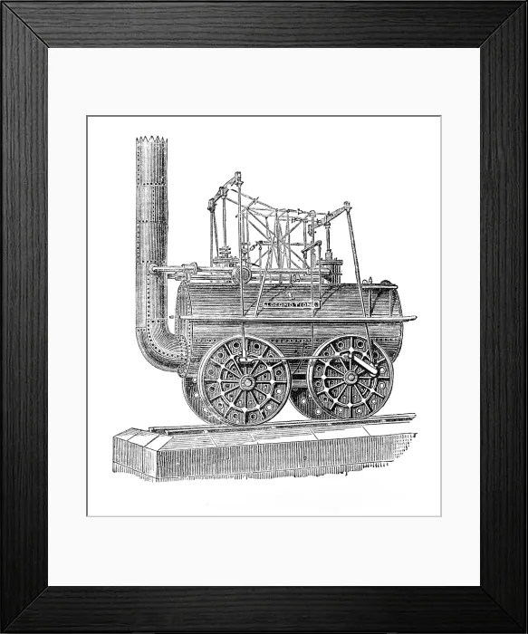 Framed Print : George Stephenson, Father of Railways: the first locomotive engine, 1881. Creator: Unknown Framed Print : George Stephenson, Father of Railways: the first locomotive engine, 1881. Creator: Unknown