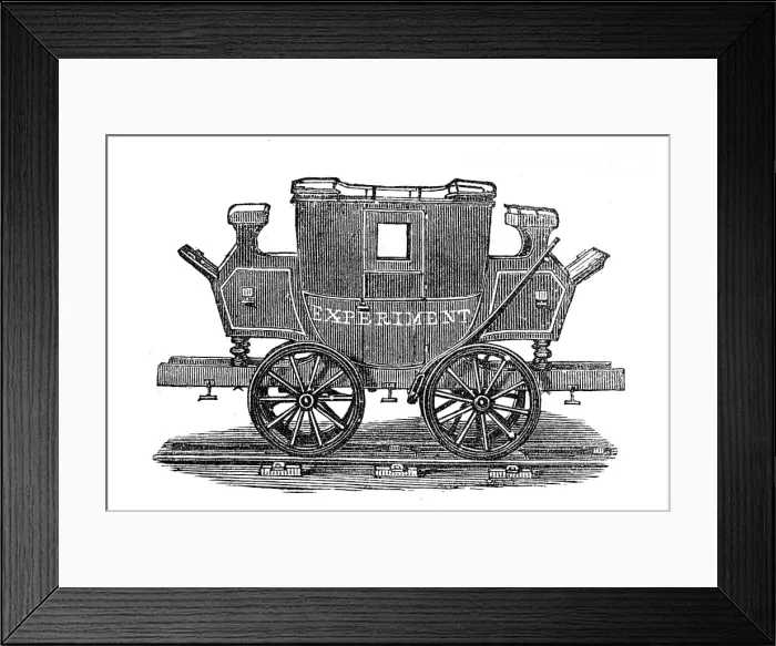 Framed Print : George Stephenson, Father of Railways: the Experiment, first railway passenger coach, 1825, (1881). Creator: Unknown Framed Print : George Stephenson, Father of Railways: the Experiment, first railway passenger coach, 1825, (1881). Creator: Unknown