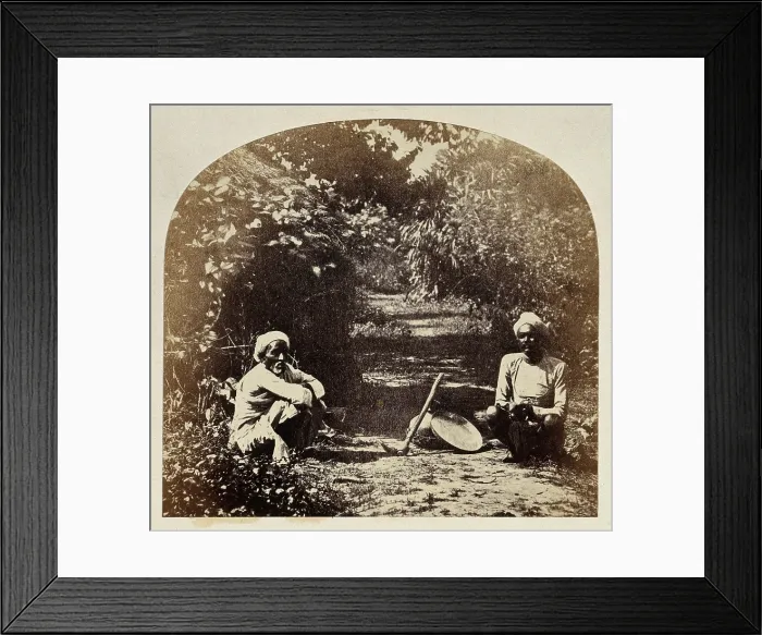 Framed Print : Goruckpoor, India: two men sqatting on a tree-lined path, c1860s. Creator: Unknown Framed Print : Goruckpoor, India: two men sqatting on a tree-lined path, c1860s. Creator: Unknown