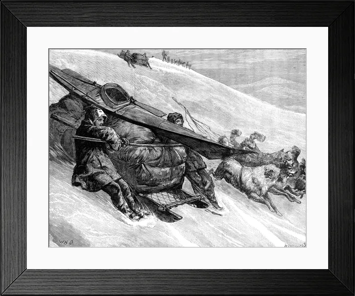 Framed Print : The American Franklin Search Expedition - down hill, April 15, 1879, (1881). Creator: W. I. Mosses Framed Print : The American Franklin Search Expedition - down hill, April 15, 1879, (1881). Creator: W. I. Mosses